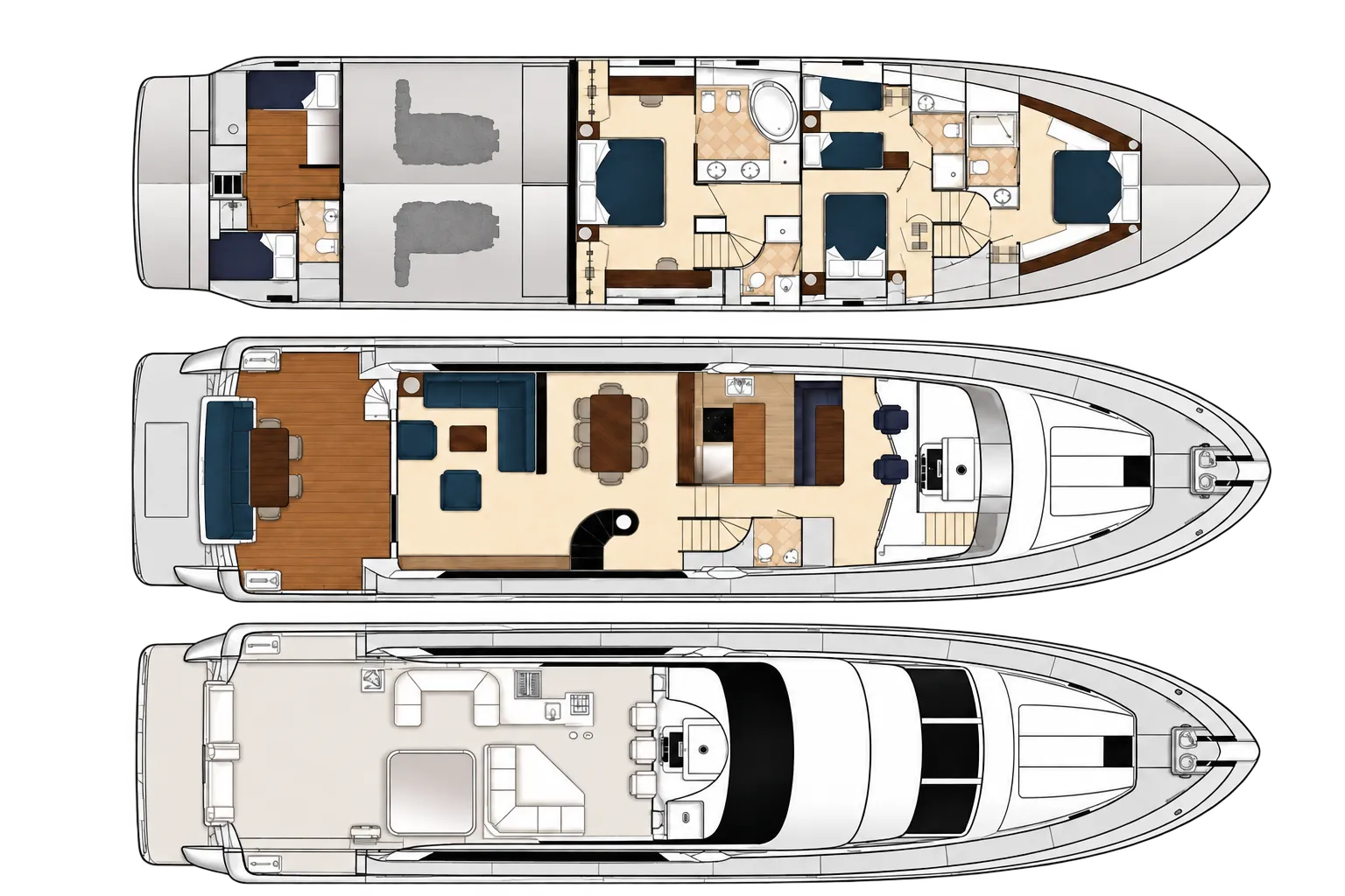 Deck plan of M/Y Katana: lower deck with four cabins, main deck with salon, galley and pilothouse, and the flybridge